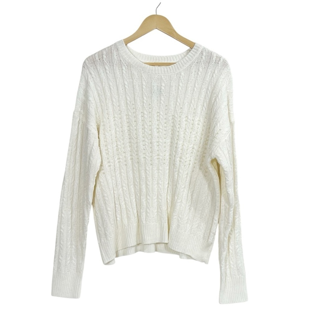 Retrology  cream cable- knit crew neck sweater with pearl embellishments. - Picture 14 of 14